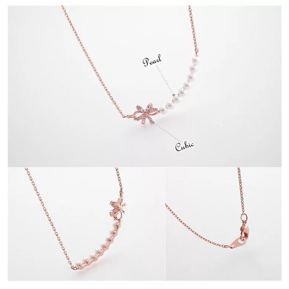 14k Gold Bow Pearl Diamonds Sterling Silver Necklace - Picture 3 of 9